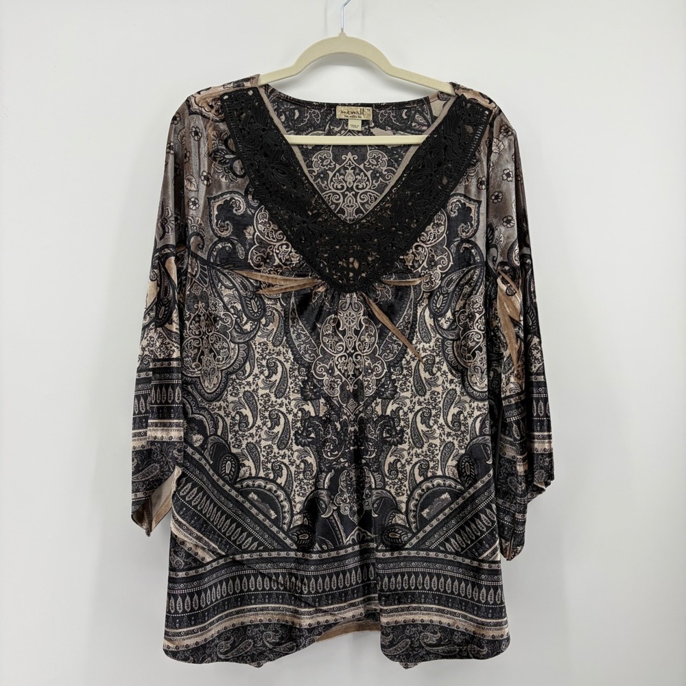 One World Tunic Top Brown Black Womens 1X Paisley Velvet Crochet Lace 3/4 Sleeve